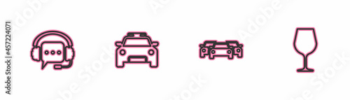 Set line Headphones with speech bubble, Cars, Police car and flasher and Wine glass icon. Vector
