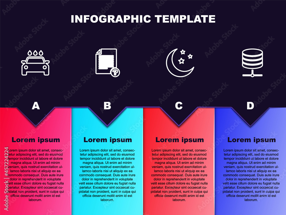 Fototapeta premium Set line Car wash, Unknown document, Moon and stars and Server, Data, Web Hosting. Business infographic template. Vector