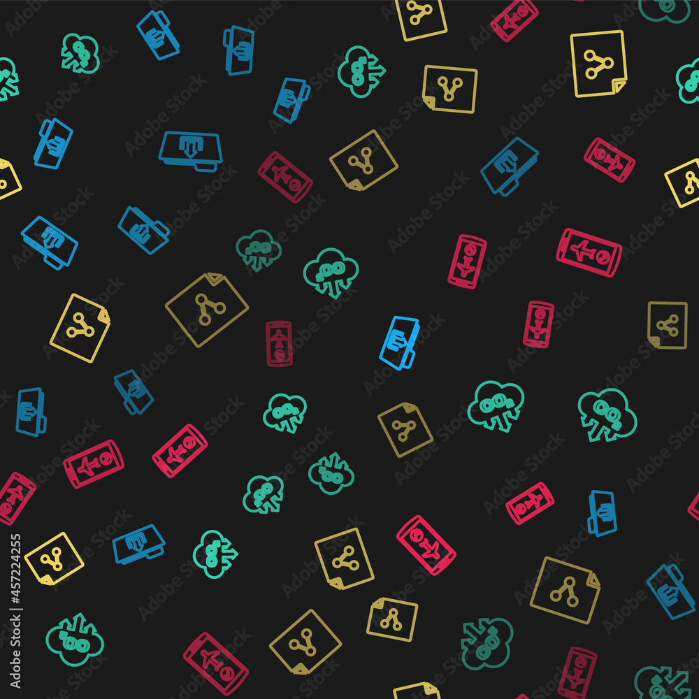 Set line Folder upload, CO2 emissions in cloud, Share file and Flight mode the mobile on seamless pattern. Vector Set line Folder upload, CO2 emissions in cloud, Share file and Flight mode the mobile on seamless pattern. Vector