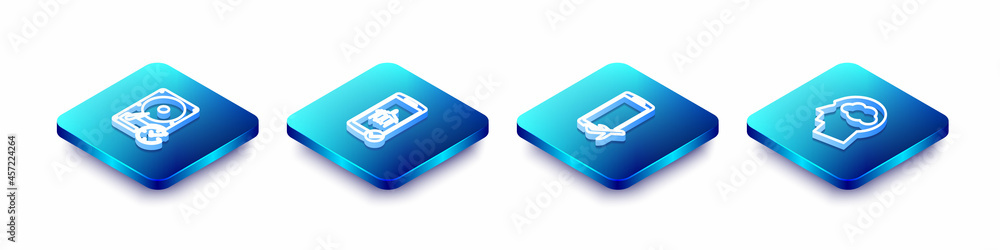 Set Isometric line Hard disk drive with clockwise, Flight mode in the mobile, and Head silhouette cloud icon. Vector Set Isometric line Hard disk drive with clockwise, Flight mode in the mobile, and Head silhouette cloud icon. Vector