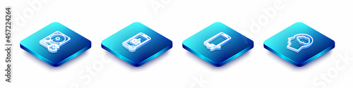 Set Isometric line Hard disk drive with clockwise, Flight mode in the mobile, and Head silhouette cloud icon. Vector