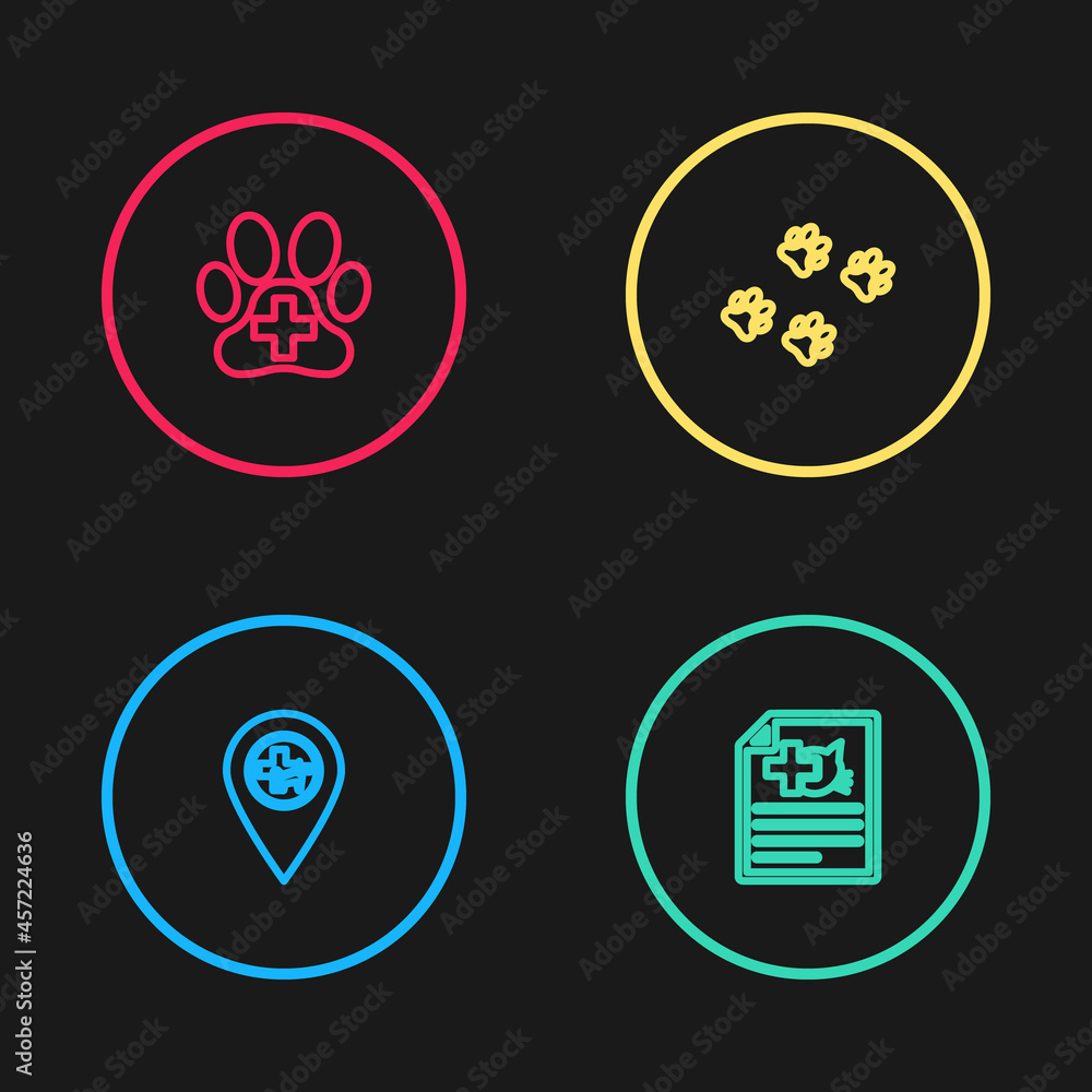 Set line Location veterinary, Medical certificate for dog or, Paw print and Veterinary clinic icon. Vector