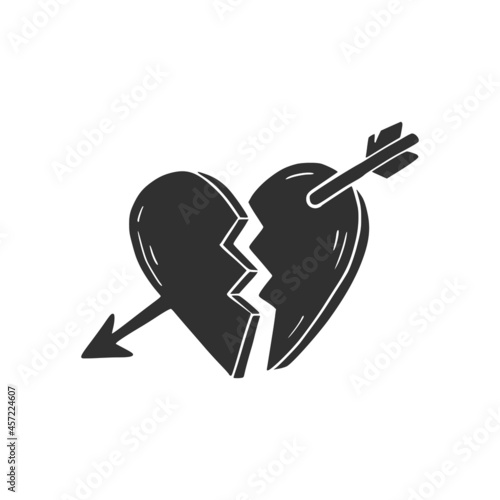Hand drawn broken heart with arrow. Doodle sketch style. Drawing line simple broken heart icon. Isolated vector illustration.