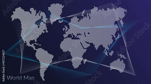 World information security concept. An abstract map of the world made up of hexagons. Metallic hex on a blue gradient background.