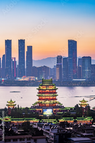 The famous ancient Chinese architecture, the night view of the Pavilion of Prince Teng in Nanchang photo