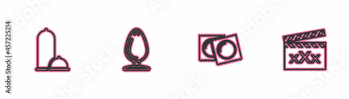 Set line Condoms safe sex, in package, Anal plug and Movie clapper with Sex icon. Vector