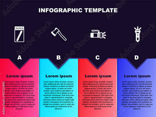 Set line Open matchbox and matches, Wooden axe, Flashlight and . Business infographic template. Vector