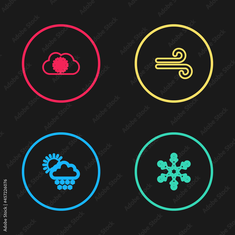 Set line Cloud with snow and sun, Snowflake, Wind and icon. Vector Set line Cloud with snow and sun, Snowflake, Wind and icon. Vector