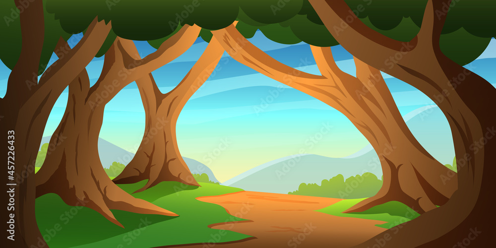 Jungle cartoon illustration vector with tree, mountain, cloud background