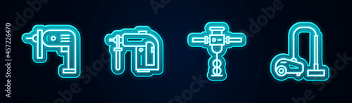 Set line Electric drill machine, Rotary hammer, Construction jackhammer and Vacuum cleaner. Glowing neon icon. Vector