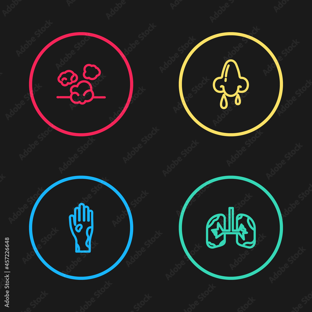 Set line Hand with psoriasis or eczema, Lungs, Runny nose and Dust icon. Vector