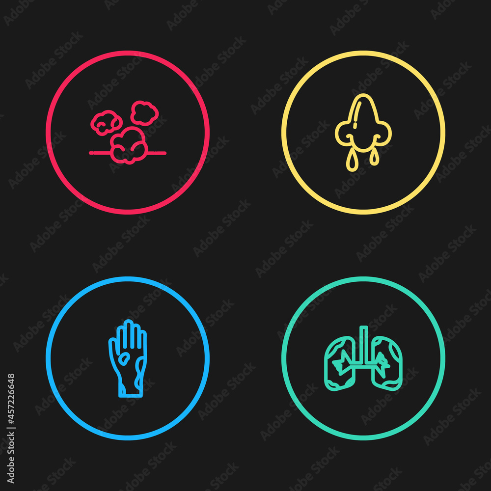Set line Hand with psoriasis or eczema, Lungs, Runny nose and Dust icon. Vector Set line Hand with psoriasis or eczema, Lungs, Runny nose and Dust icon. Vector