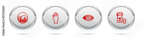 Set line Face in protective mask, Hand with psoriasis or eczema, Reddish eye allergic conjunctivitis and Can container for milk. Silver circle button. Vector