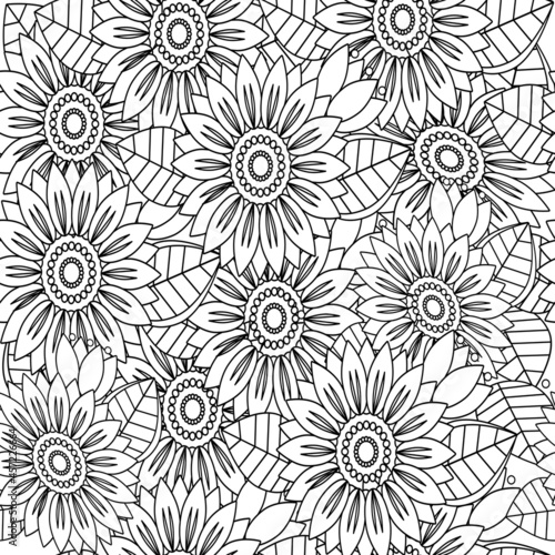 Doodles seamless pattern. Floral picture in black and white for adult coloring books. Coloring page of monochrome flowers and leafs.