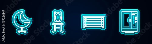 Set line Armchair, Chair, Chest of drawers and Shower cabin. Glowing neon icon. Vector