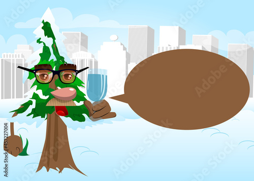 Cartoon winter pine trees with faces with a glass of water. Cute forest trees. Snow on pine cartoon character, funny holiday vector illustration.