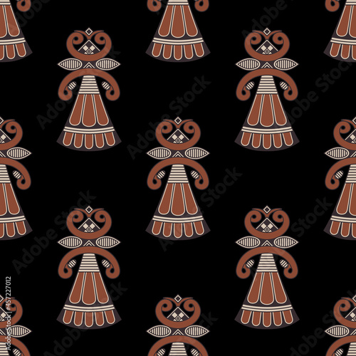 Seamless ethnic pattern with stylized female figurines. Ancient Greek goddess. Great Mother. Folk pottery style. On black background.