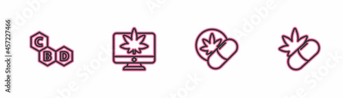 Set line Cannabis molecule, Herbal ecstasy tablets, Monitor and marijuana or cannabis and Medical pills with icon. Vector