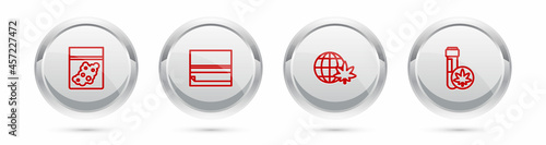 Set line Plastic bag of cannabis, Rolling paper, Legalize marijuana globe and Chemical test tube with. Silver circle button. Vector