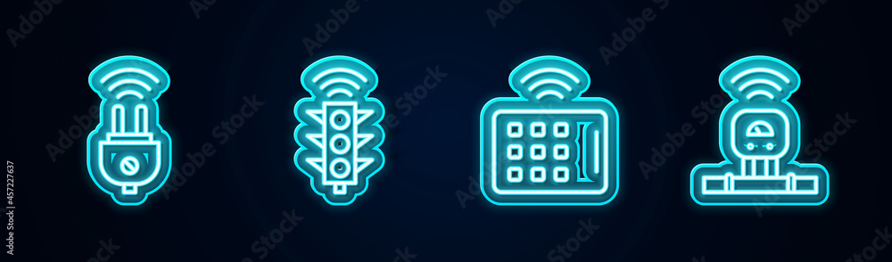 Set line Smart electric plug, traffic light, Wireless tablet and sensor. Glowing neon icon. Vector Set line Smart electric plug, traffic light, Wireless tablet and sensor. Glowing neon icon. Vector
