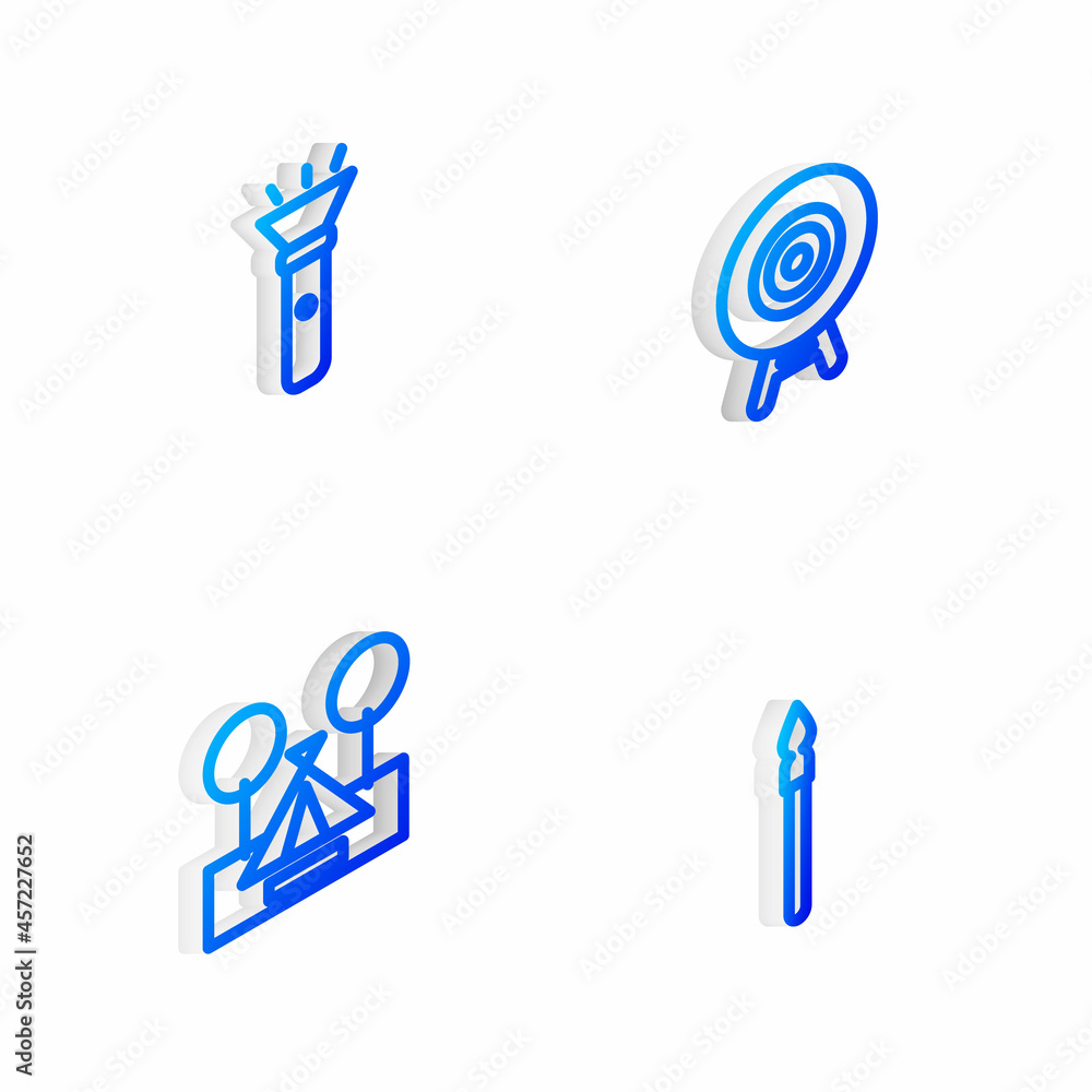 Set Isometric line Target sport, Flashlight, Tourist tent and Medieval spear icon. Vector Set Isometric line Target sport, Flashlight, Tourist tent and Medieval spear icon. Vector
