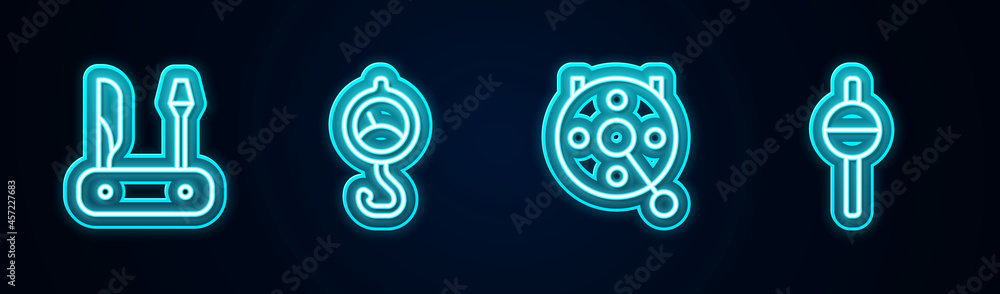 Set line Swiss army knife, Spring scale, Spinning reel for fishing and Fishing float. Glowing neon icon. Vector