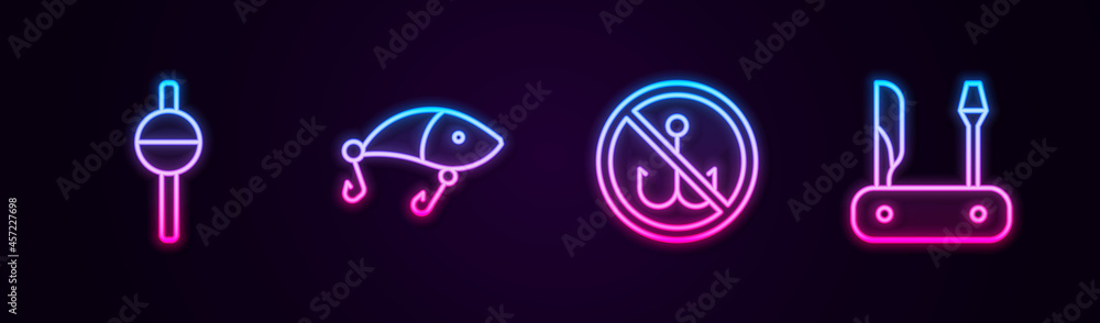 Set line Fishing float, lure, No fishing and Swiss army knife. Glowing neon icon. Vector Set line Fishing float, lure, No fishing and Swiss army knife. Glowing neon icon. Vector