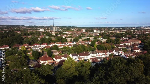 Aerial flyover of Edgware town in North London. A suburb of Greater London. photo