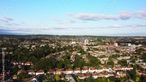 Aerial over Edgware town in North London. The camera pans right to left. photo