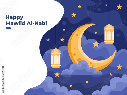 Mawlid al Nabi or Prophet Muhammad birthday illustration with moon, stars, and hanging light lanterns. can be used for greeting card, post card, web, banner, social media post.