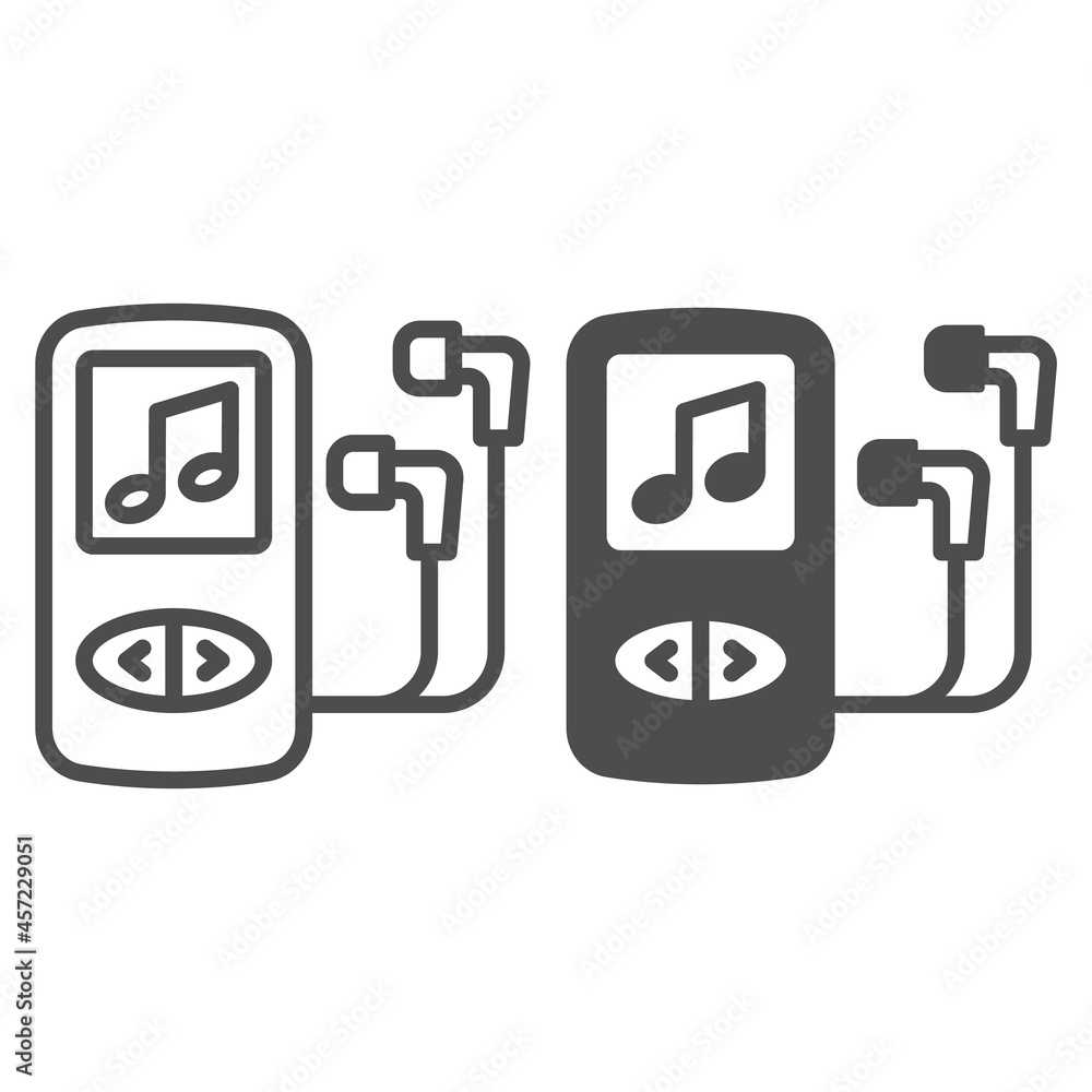 MP3 player, earphones and musical note line and solid icon, electronics concept, music player vector sign on white background, outline style icon for mobile concept and web design. Vector graphics. MP3 player, earphones and musical note line and solid icon, electronics concept, music player vector sign on white background, outline style icon for mobile concept and web design. Vector graphics.