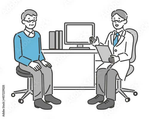 シニアの男性に診察をする医者のベクターイラスト素材／病院／ドクター