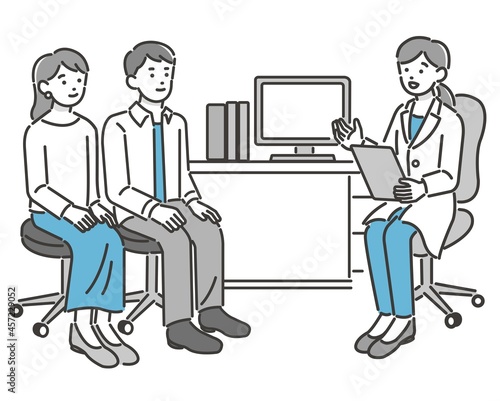 若い夫婦に診察をする医者のベクターイラスト素材／病院／ドクター