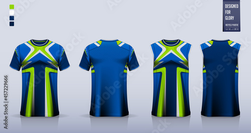 Blue T-shirt sport, Soccer jersey, football kit, basketball uniform, tank top, and running singlet mockup. Fabric pattern design. Vector.