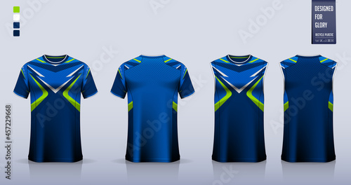 Blue T-shirt sport, Soccer jersey, football kit, basketball uniform, tank top, and running singlet mockup. Fabric pattern design. Vector.