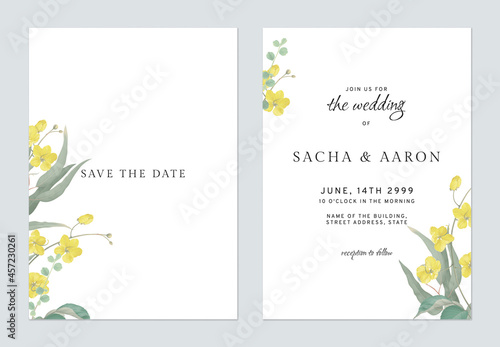 Floral wedding invitation card template golden shower flowers  and leaves on white