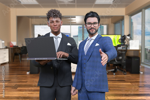 パソコンをが並ぶオフィスで黒人の若い男性がノートパソコンを持つ横に髭の生えた男性が握手を求める