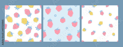 Set patterns with fresh yellow and pink strawberries in pastel colors. Background with summer berries. Illustration in flat style for kids clothing, textiles, wallpaper. Vector