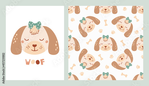 Set cute poster and seamless pattern with dog face and poster with lettering Woof. Collection with animal of flat style for children clothing, textiles, wallpapers. Vector Illustration