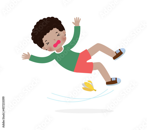 american african children slipping on a banana peel vector illustration isolated on white background