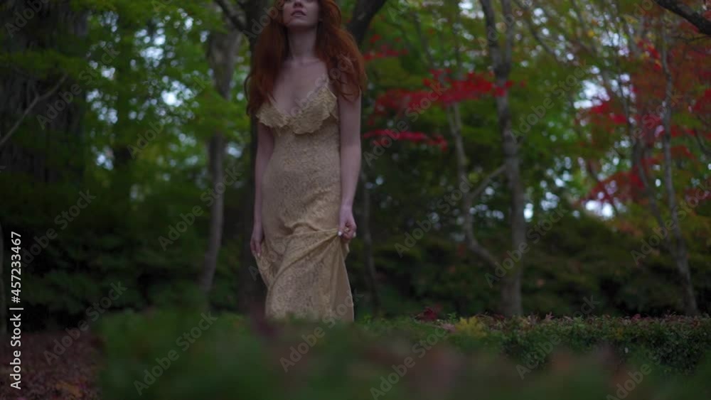 Stunning redhead wearing a dress walking through the forrest in the evening, searching for love, hope and innocence, fashion and elegance. Walking through garden trees, Elegance and desire on a path Stunning redhead wearing a dress walking through the forrest in the evening, searching for love, hope and innocence, fashion and elegance. Walking through garden trees, Elegance and desire on a path