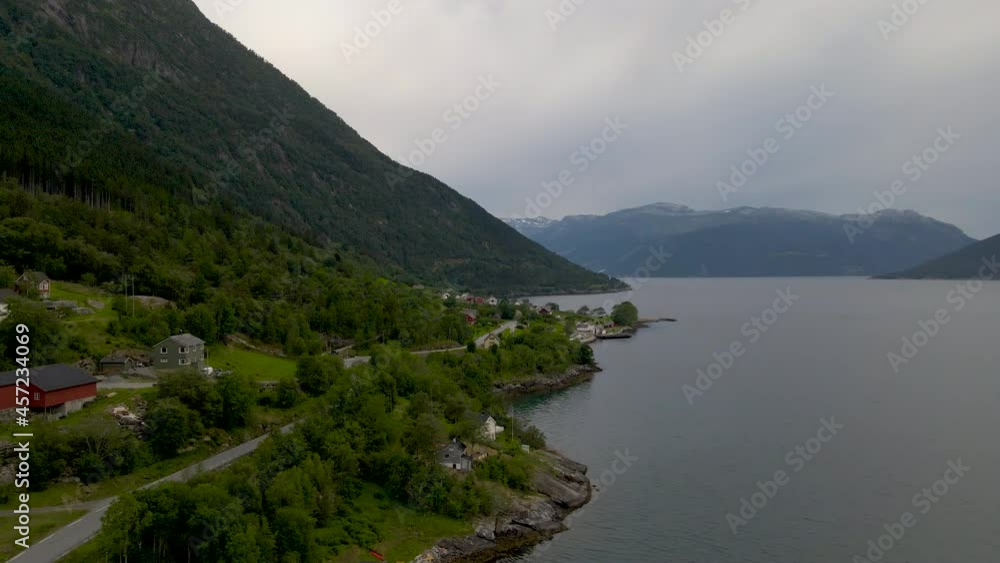 Aerial shot flying over Hardanger fjord on the west coast of Norway in summer Aerial shot flying over Hardanger fjord on the west coast of Norway in summer