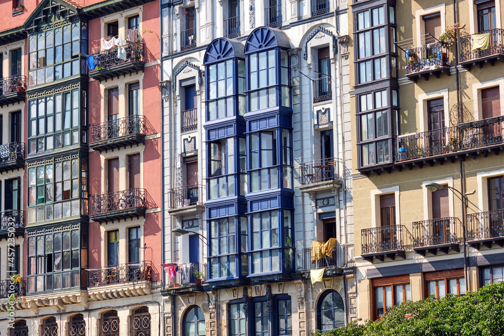 Some typical house facades of the old town of Bilbao in Spain
