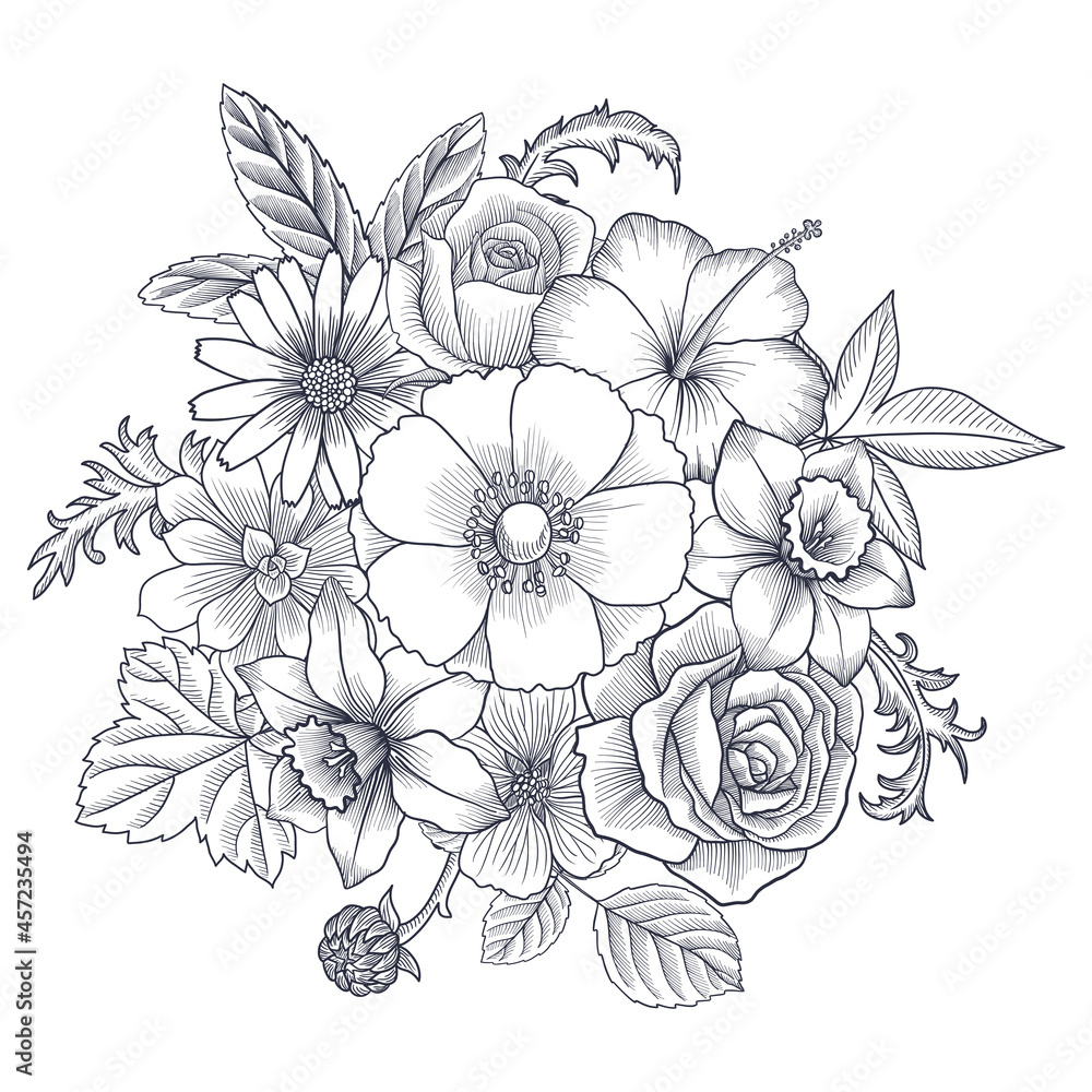 vector drawing vintage composition with flowers, hand drawn illustration