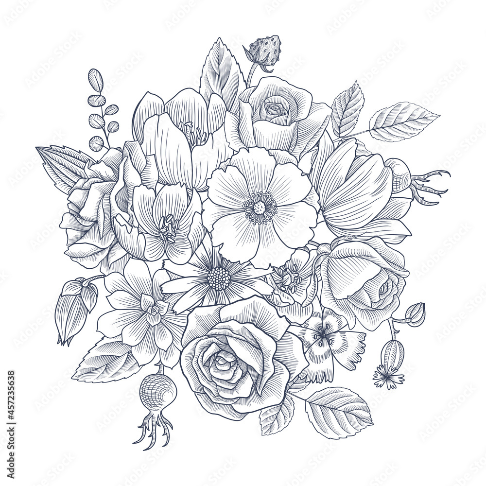 vector drawing vintage composition with flowers, hand drawn illustration