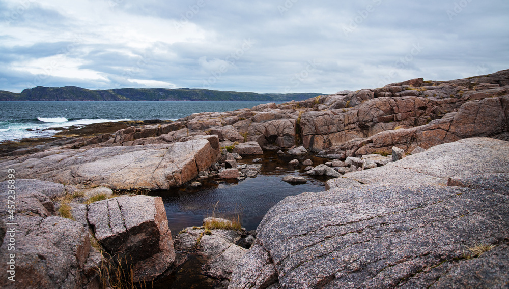 Obraz premium beach on the northern ocean is made of stones covered with colorful moss. Teriberka, Barents Sea, Murmansk region, Kola Peninsula