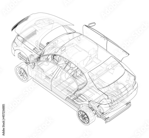 Assembling electric car. Vector