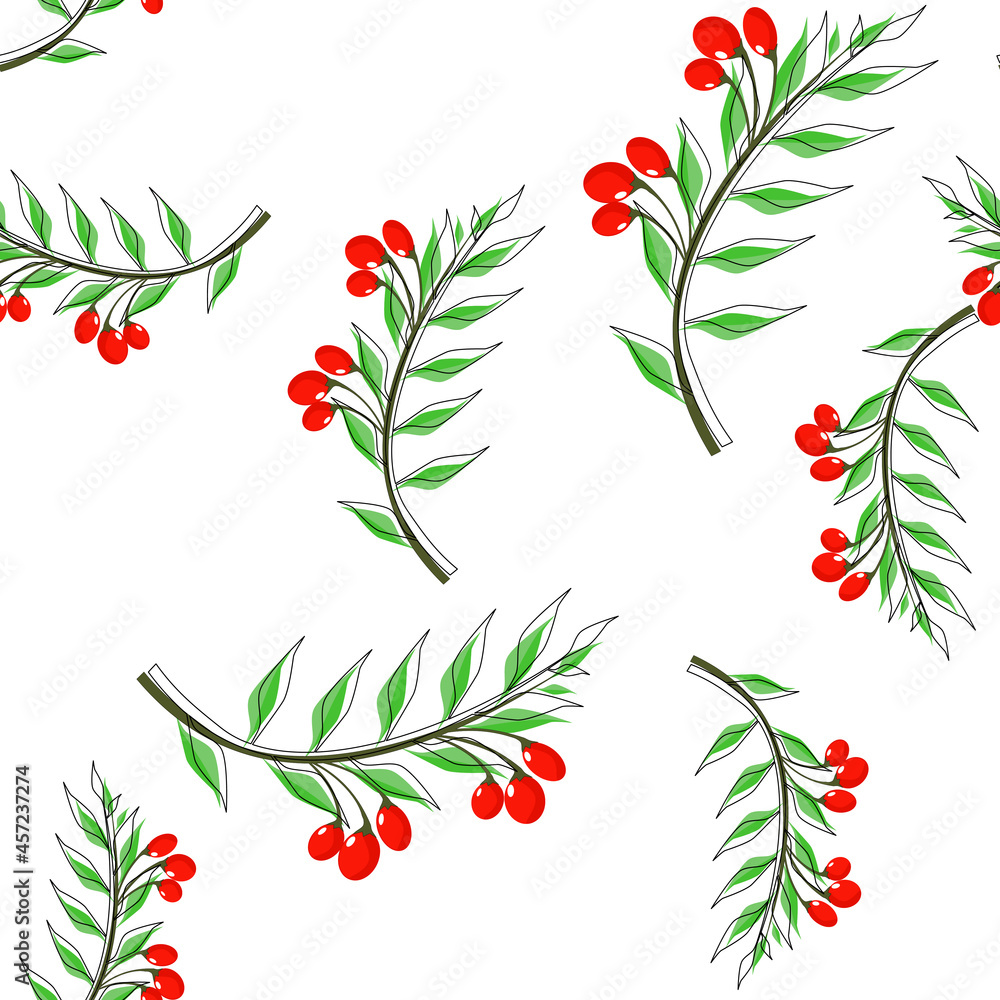 Seamless pattern. A branch of goji berries with leaves. Stylized multi-colored vector illustration. for fabric and packaging paper. White background. Seamless pattern. A branch of goji berries with leaves. Stylized multi-colored vector illustration. for fabric and packaging paper. White background.