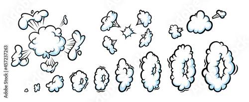 Comic boom smoke effect. Row of steam clouds and puff shapes for surprising and explosive events. Vector illustartion isolated in white background