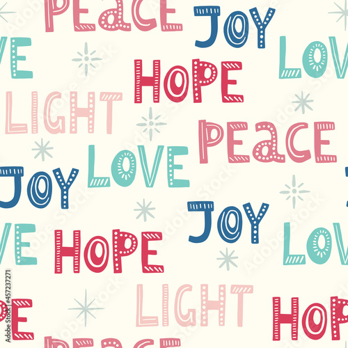 Colorful Winter Holidays Christmas Hand-Drawn Letteing Vector Seamless Pattern. Words Peace, Joy Love, Light, Hope. Sans Serif Minimal Scandi Cutout Background. Linocut Backdrop